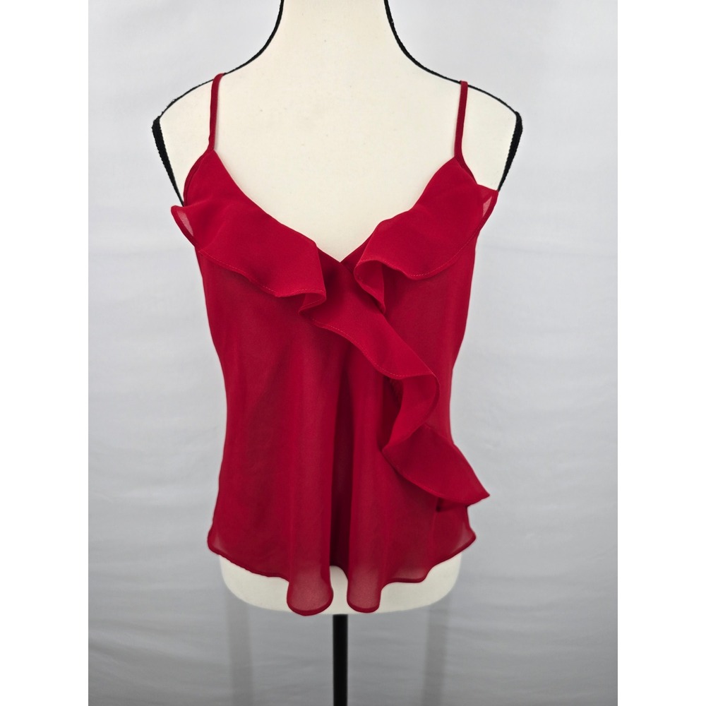 California Dynasty Red Ruffle V-Neck Camisole Spaghetti Strap Chiffon Top 65206D
